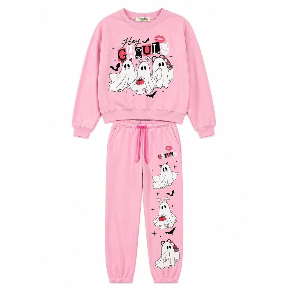 Wound Up Hey Ghouls Halloween Pink Crewneck Sweatshirt Jogger Set Women's XS 0-2